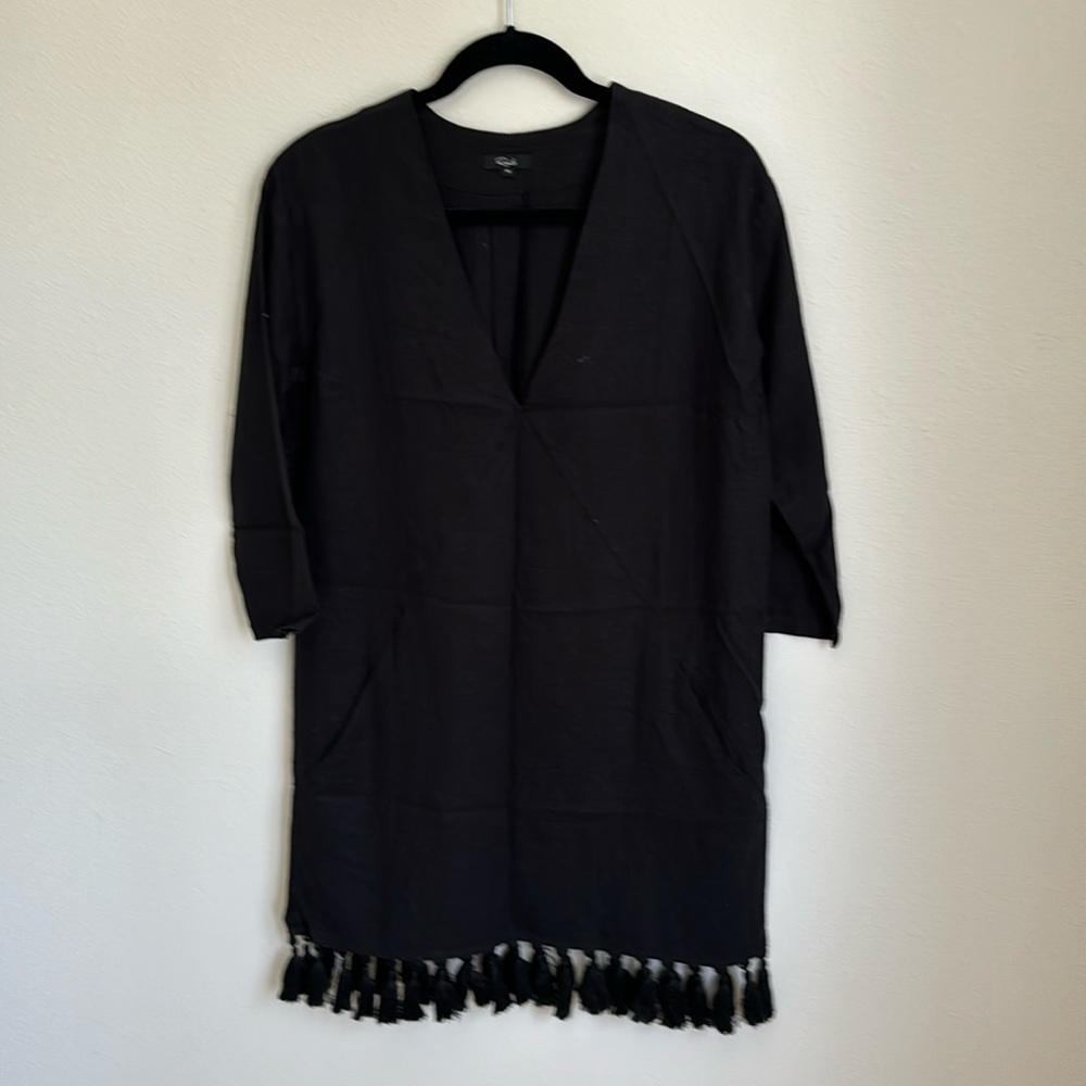 Rails black mini dress with v-neck, tassels and 3/4 length sleeves.